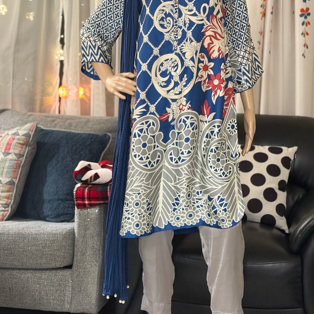 Pakistani Branded Khaadi Printed Silk Shalwar Kameez Casual Wear Women Blue Gray